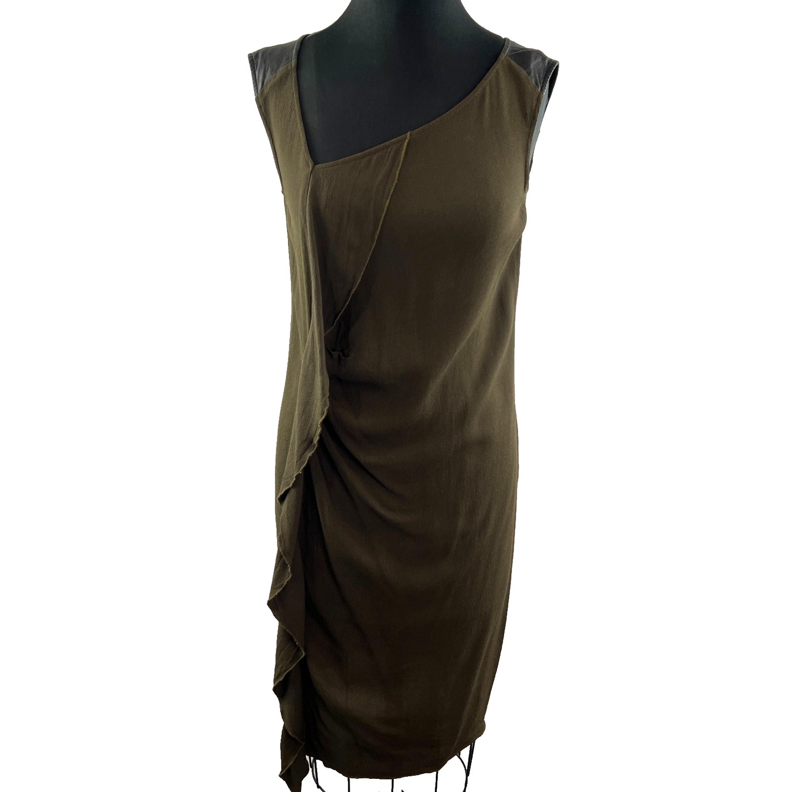 Pure Dkny V Neck Front Ruffle Dress Dark Olive Green Leather Trim M Medium $335